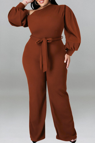 Brown Casual Solid Bandage Patchwork Oblique Collar Plus Size Jumpsuits