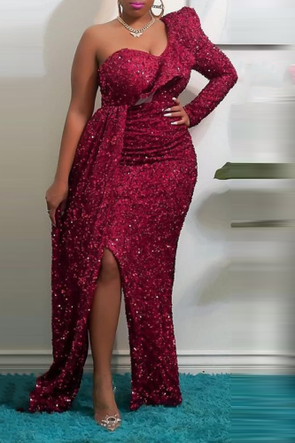 Burgundy Celebrities Patchwork Sequins One Shoulder Trumpet Mermaid Dresses