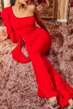 Red Sexy Casual Solid Backless Oblique Collar Regular Jumpsuits (Without Belt)