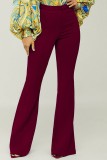 Burgundy Casual Solid Basic Regular High Waist Conventional Solid Color Trousers