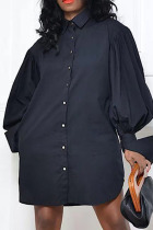 Black Fashion Elegant Solid Patchwork Fold Turndown Collar Tops
