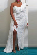 White Celebrities Patchwork Sequins One Shoulder Trumpet Mermaid Dresses
