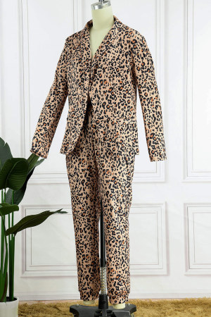 Casual Street Leopard Print Buttons Contrast Turndown Collar Long Sleeve Two Pieces