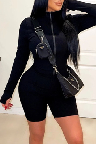 Black Casual Solid Patchwork Zipper Zipper Collar Skinny Rompers