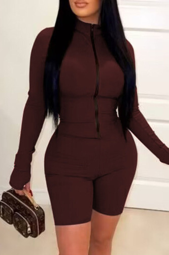 Dark Brown Casual Solid Patchwork Zipper Zipper Collar Skinny Rompers