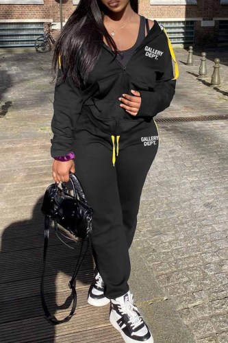 Black Casual Print Letter Hooded Collar Long Sleeve Two Pieces