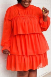 Orange Solid Fold Mandarin Collar Cake Skirt Dresses