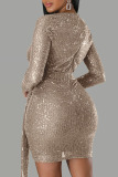 Champagne Sexy Solid Sequins Patchwork Asymmetrical V Neck One Step Skirt Dresses