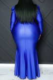 Blue Sexy Formal Solid Patchwork V Neck Long Sleeve Plus Size Dresses