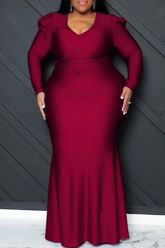 Burgundy Sexy Formal Solid Patchwork V Neck Long Sleeve Plus Size Dresses