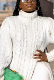 White Casual Solid Slit Pullovers Turtleneck Tops