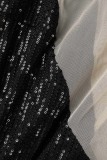 Black Sexy Patchwork Sequins See-through Slit Oblique Collar Sleeveless Dress Dresses