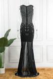 Black Sexy Solid Patchwork Slit Hot Drill V Neck Long Dress Dresses