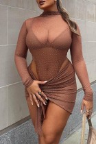 Khaki Sexy Patchwork See-through Turtleneck Long Sleeve Two Pieces