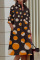 Orange Black Casual Print Polka Dot Patchwork Buckle Turndown Collar Shirt Dress Dresses