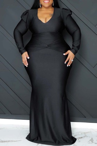 Black Sexy Formal Solid Patchwork V Neck Long Sleeve Plus Size Dresses