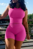 Rose Red Sexy Casual Solid Vests O Neck Sleeveless Two Pieces