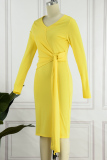 Yellow Casual Solid Patchwork V Neck Long Sleeve Dresses