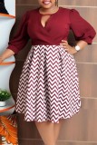 Purple Casual Print Hollowed Out Patchwork O Neck A Line Plus Size Dress