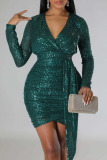Champagne Sexy Solid Sequins Patchwork Asymmetrical V Neck One Step Skirt Dresses
