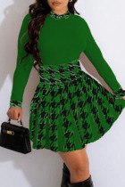 Green Casual Patchwork Embroidered Patchwork O Neck Long Sleeve Two Pieces