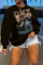 Black Street Print Patchwork Letter O Neck Tops