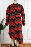 Red Casual Print Patchwork With Belt O Neck Irregular Dress Plus Size Dresses