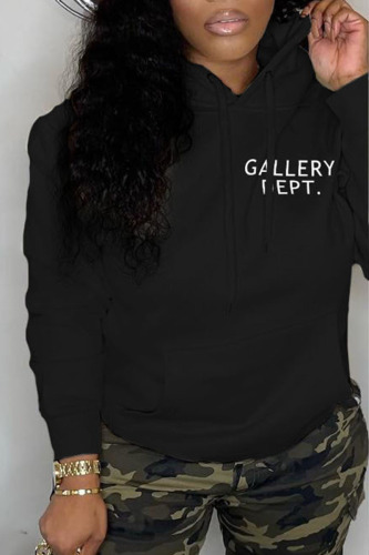Black Casual Print Patchwork Hooded Collar Tops