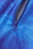 Blue Casual Print Basic V Neck Long Sleeve Dresses