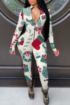 White Casual Print Patchwork Zipper Collar Skinny Jumpsuits