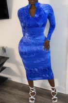 Blue Casual Print Basic V Neck Long Sleeve Dresses