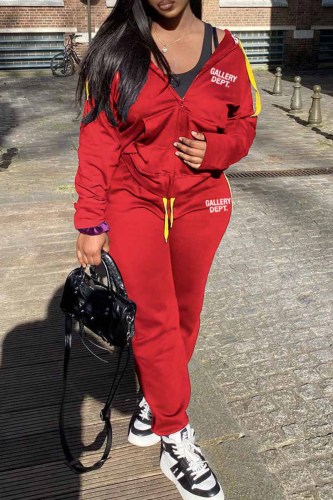 Red Casual Print Letter Hooded Collar Long Sleeve Two Pieces
