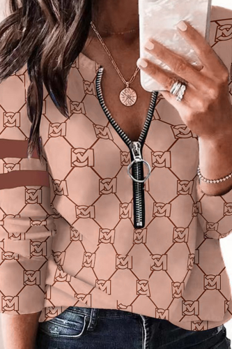Light Brown Casual Print Patchwork O Neck Tops
