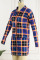 Blue Orange Casual Plaid Print Patchwork Buckle Turndown Collar Long Sleeve Two Pieces