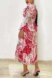 Red Casual Sweet Print Patchwork Flounce Printing O Neck Printed Dress Dresses