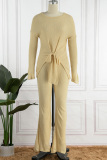 Apricot Casual Solid O Neck Long Sleeve Two Pieces