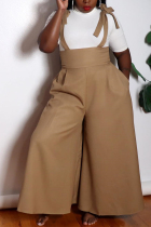 Khaki Casual Solid Bandage Loose High Waist Wide Leg Solid Color Bottoms