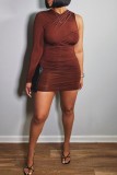 Brown Sexy Casual Solid Fold V Neck Irregular Dress Dresses