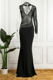 Green Sexy Formal Patchwork Hot Drilling See-through Turtleneck Evening Dress Dresses