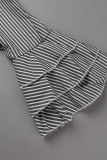 Black Casual Striped Print Patchwork V Neck Dresses