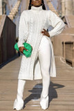 White Casual Solid Slit Pullovers Turtleneck Tops