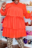 Orange Solid Fold Mandarin Collar Cake Skirt Dresses