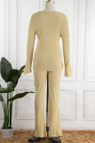 Apricot Casual Solid O Neck Long Sleeve Two Pieces