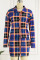 Blue Orange Casual Plaid Print Patchwork Buckle Turndown Collar Long Sleeve Two Pieces
