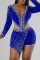 Blue Sexy Solid Patchwork See-through Asymmetrical Hot Drill V Neck Regular Jumpsuits