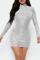 White Sexy Solid Sequins Patchwork Half A Turtleneck Pencil Skirt Dresses