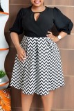 Black Casual Print Hollowed Out Patchwork O Neck A Line Plus Size Dress