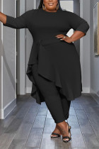 Black Casual Solid Flounce O Neck Plus Size