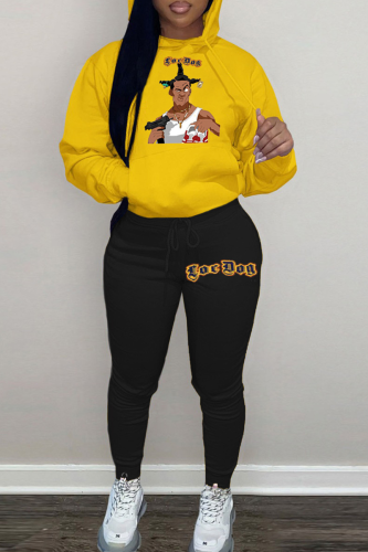Yellow Street Print Patchwork Hooded Collar Long Sleeve Two Pieces