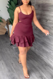 Burgundy Sexy Solid Hollowed Out Patchwork Fold Spaghetti Strap Sling Dress Dresses